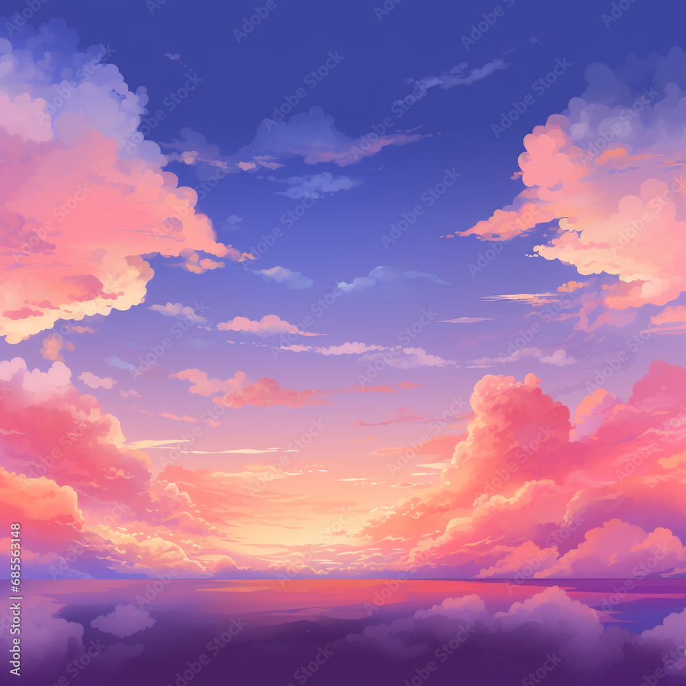 Sunset anime cloud cartoon background. Pink, orange and purple evening panorama wallpaper.