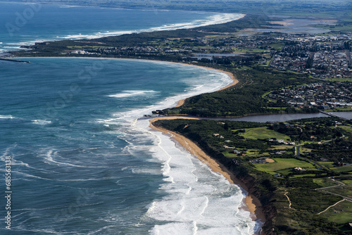 An aerial view of the ocean beach near Warrnambool in Victoria, Australia. 