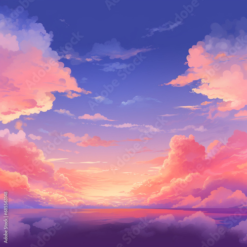Sunset anime cloud cartoon background. Pink, orange and purple evening panorama wallpaper.
