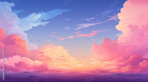 Sunset anime cloud cartoon background. Pink, orange and purple evening panorama wallpaper.