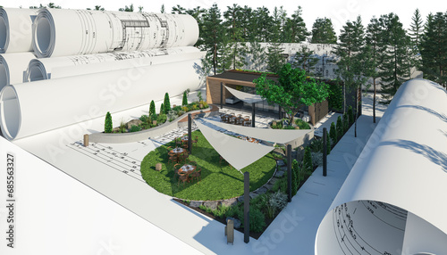 Bauplanung mit einem Restaurant-Modell mit Außengastronomie - 3D Visualisierung