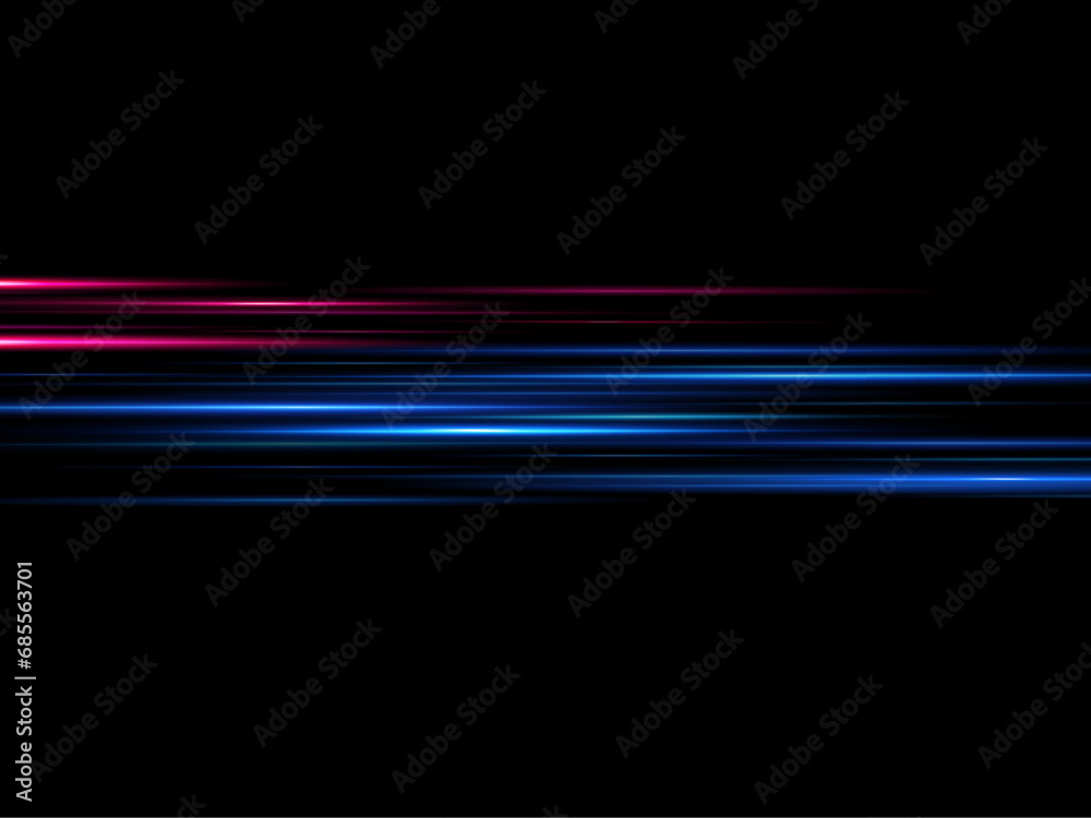 
Neon lines moving light effect. Horizontal lines. Speed ​​effect on a transparent background. Lines of light, speed and movement. blue and red.