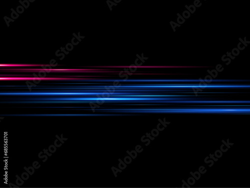  Neon lines moving light effect. Horizontal lines. Speed ​​effect on a transparent background. Lines of light, speed and movement. blue and red.