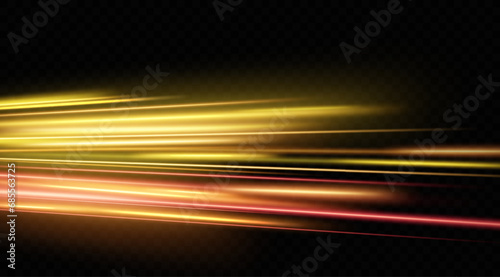 Light effect of neon lines movement.Horizontal lines. Speed ​​effect on a transparent background.lines of light, speed and movement. 