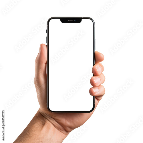 Hand holding modern smart phone on transparent background PNG Generative AI