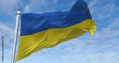 Ukraine flag with flagpole waving in wind, rolling clouds background looping, 4K video (Perfect Loop)