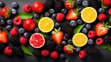 Mix of different fruits and berries isolated on white background.