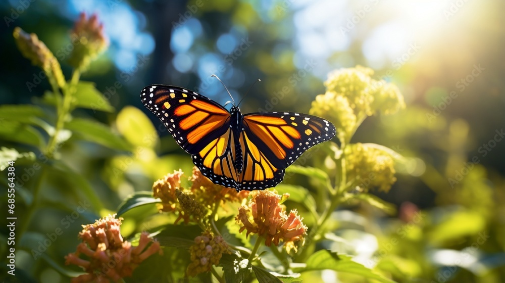 Monarch butterfly parked on the garden flower stalk in the sunny morning. Monarch butterfly parked on the garden flower stalk in the sunny morning.
