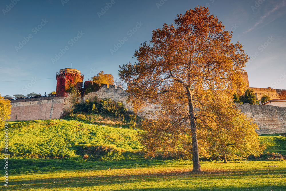 Kalemegdan park and fortress wall at autumn in Belgrade, Serbia