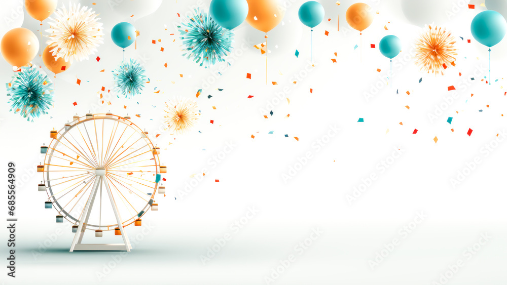 Festive Ferris wheel with pastel-colored gondolas against white background, surrounded by floating balloons and bursts of confetti, evoking joy and celebration fair, festival or carnival atmosphere - obrazy, fototapety, plakaty 