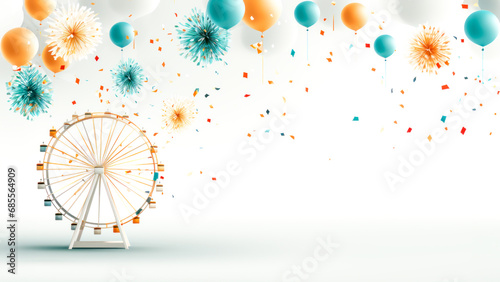 Festive Ferris wheel with pastel-colored gondolas against white background, surrounded by floating balloons and bursts of confetti, evoking joy and celebration fair, festival or carnival atmosphere photo