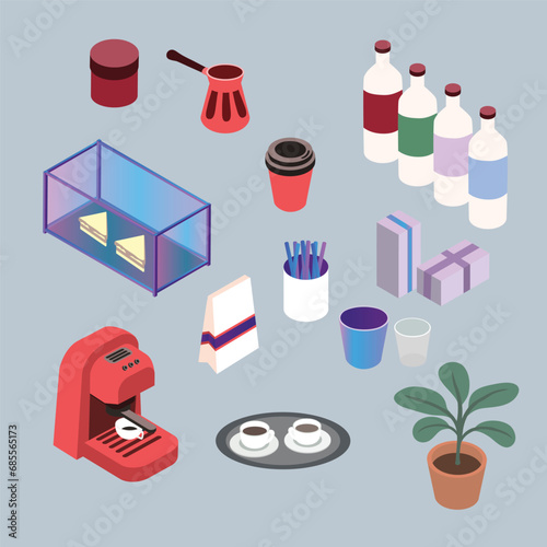 Set of various isometric kitchenware for a cafe, vector illustration