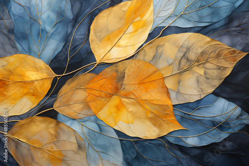 Grunge gold leaves tree branch on blue, teal textured background. Golden, cold colors nature plant art backdrop. Autumn, fall yellow leaf overlay art painting. Floral web mobile illustration by Vita