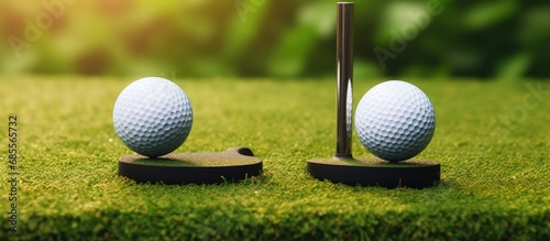 Two mini putters and three colorful balls on fake grass copy space image