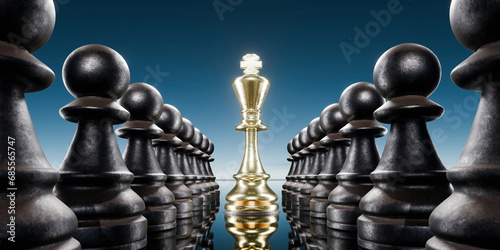 3d illustration of The king is standing between two rows of pawns, symbolizing absolute power.