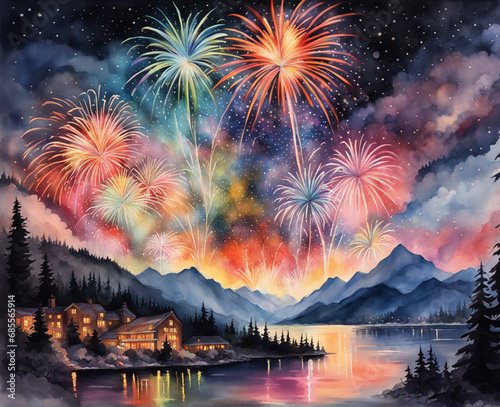 View of fireworks for celebrate on new year, watercolor style