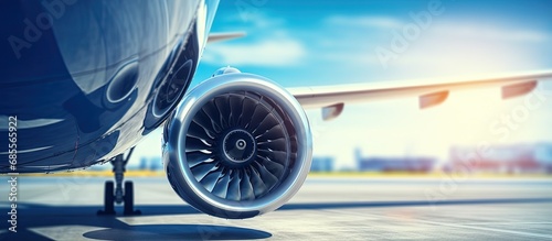 Turbo engine of a plane awaiting takeoff at an airport copy space image photo