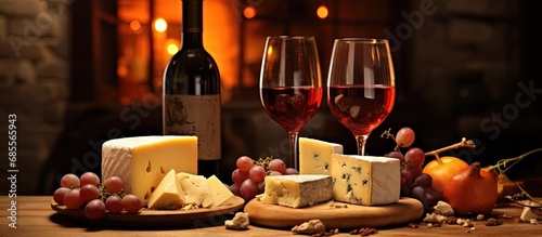 Wine and cheese at friendly bar or restaurant gathering copy space image