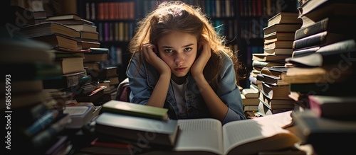 Weary and overwhelmed teen engrossed in studies copy space image photo