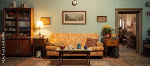 Typical Soviet style apartment with vintage furnishing and retro living room design copy space image photo