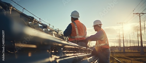 Two workers in safety gear ...