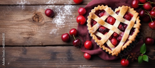 Valentine s Day cherry pie with heart shaped decorations homemade on wooden background top view copy space image photo