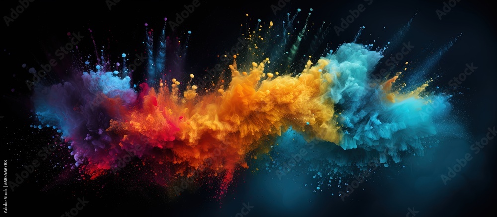 Vibrant particles create isolated burst on black surface in a textured dark spray copy space image