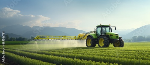 Tractor spraying pesticides on spring corn field copy space image