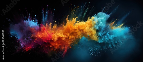 Vibrant particles create isolated burst on black surface in a textured dark spray copy space image