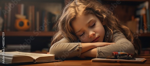 Tired young girl sitting thoughtfully while doing homework copy space image photo