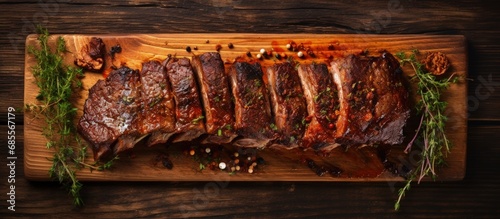 Top view of sliced chuck beef ribs on a wooden cutting board seasoned with hot rub for barbecue copy space image photo