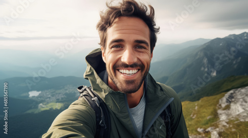 Happy and smiling young hiker man taking selfie