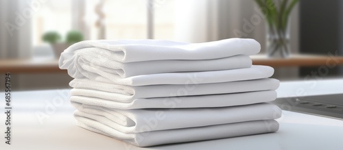 White desk top view with a stack of dish towels resembling a napkin copy space image photo