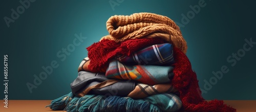 Winter apparel pile featuring scarf gloves and blanket copy space image photo
