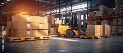 Transport goods in warehouse using electric forklift pallet jack copy space image