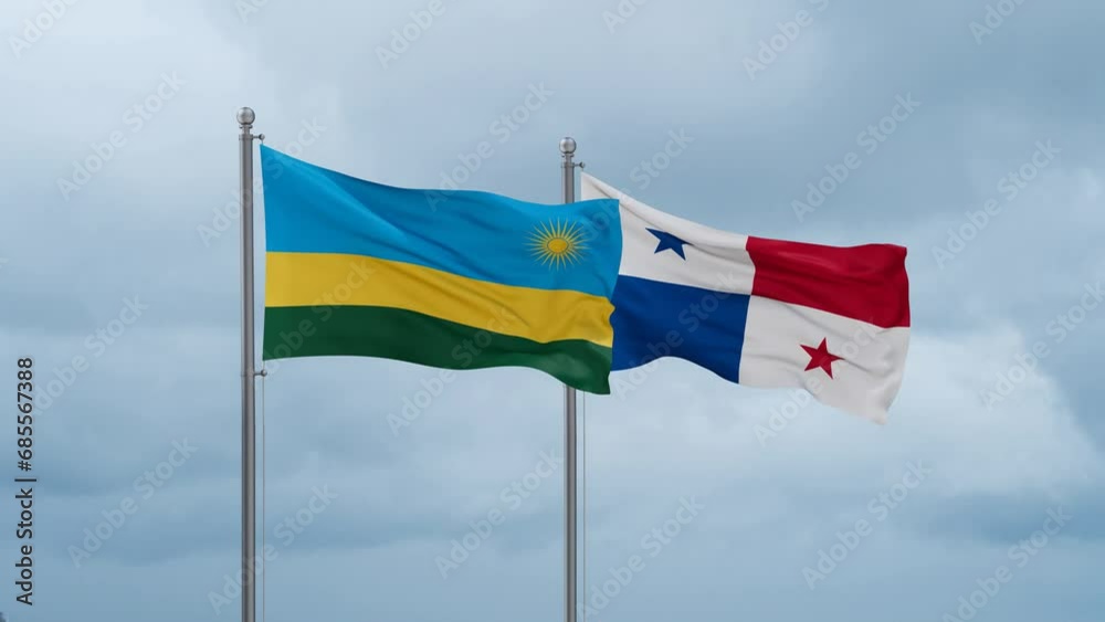 Panama flag and Rwanda flag waving together on cloudy sky, endless seamless loop, two country relations concept Panama flag and Rwanda flag waving together on cloudy sky, endless seamless loop, two country relations concept