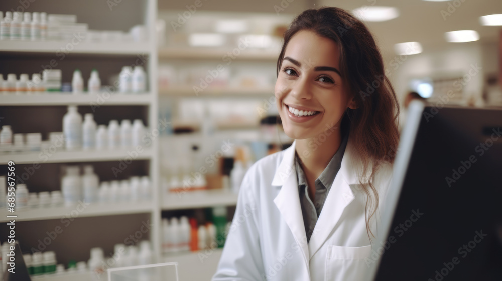 Happy female cashier in white coat, doctor