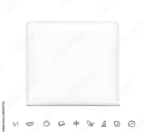 Plastic bag mockup with set icons for feminine pads. Vector illustration. Isolated on white background. It can be used in the adv, promo, package, etc. EPS10.