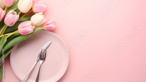 Festive creative table setting plate and tulip bouquet on pink background. Womens Day and Mothers Day