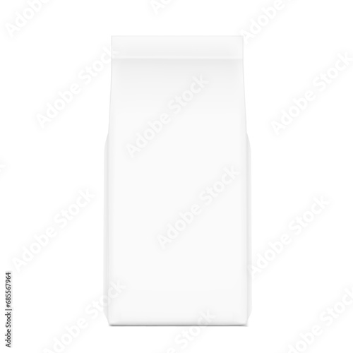 Vertical bag mockup. Flat bottom gusset bag. Front view. High realistic. Vector illustration isolated on white background. Ready for use in presentation, promo, advertising and more. EPS10.