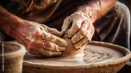 Closeup of potter's hands molds clay pot spinning on pottery wheel with special wooden tool photo