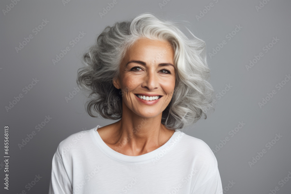 Smiling confident stylish mature middle aged woman. Old senior businesswoman, 60s gray-haired lady executive business leader manager looking at camera portrait Smiling confident stylish mature middle aged woman. Old senior businesswoman, 60s gray-haired lady executive business leader manager looking at camera portrait