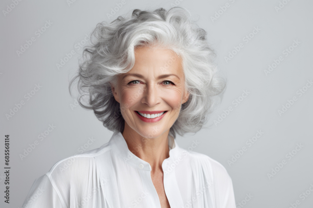 Smiling confident stylish mature middle aged woman. Old senior businesswoman, 60s gray-haired lady executive business leader manager looking at camera portrait Smiling confident stylish mature middle aged woman. Old senior businesswoman, 60s gray-haired lady executive business leader manager looking at camera portrait