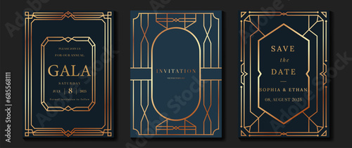 Luxury invitation card background vector. Elegant classic antique design, gold lines gradient on dark blue background. Premium design illustration for gala card, grand opening, art deco.