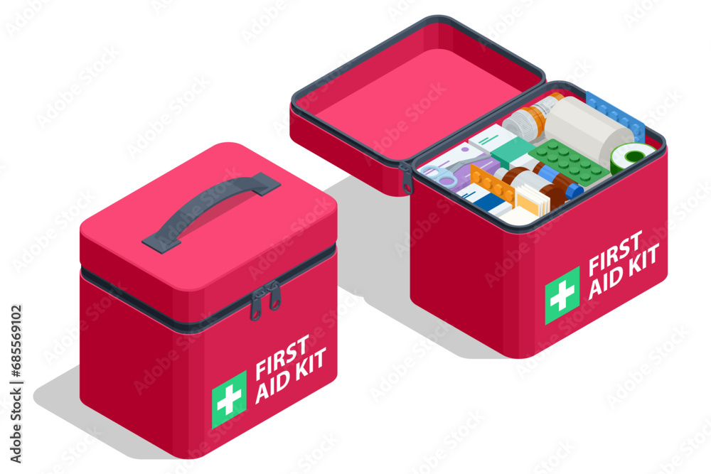 Isometric open first aid kit box with medical equipment and medications for emergency Isometric open first aid kit box with medical equipment and medications for emergency