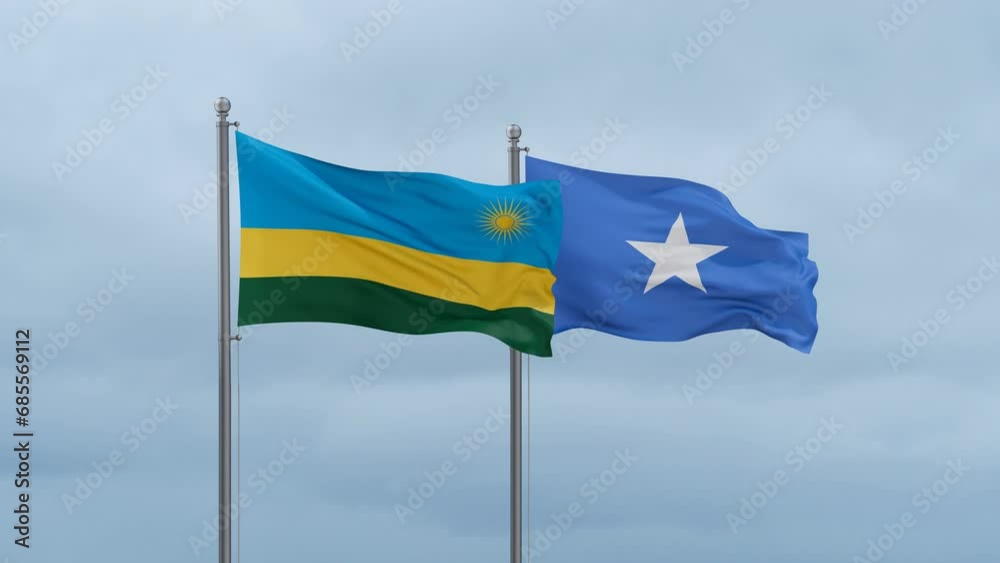 Somalia and Rwanda flag waving together on cloudy sky, endless seamless loop, two country cooperation concept Somalia and Rwanda flag waving together on cloudy sky, endless seamless loop, two country cooperation concept