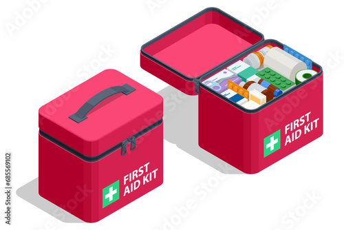 Isometric open first aid kit box with medical equipment and medications for emergency