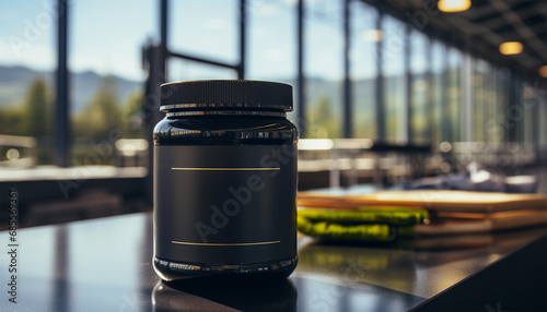 Gym supplies nutrition creatine, creatine monohydrate powder blank mockup jar in the gym. Protein and recommends taking sports nutrition while doing bodybuilding. muscles protein  achieve training. 