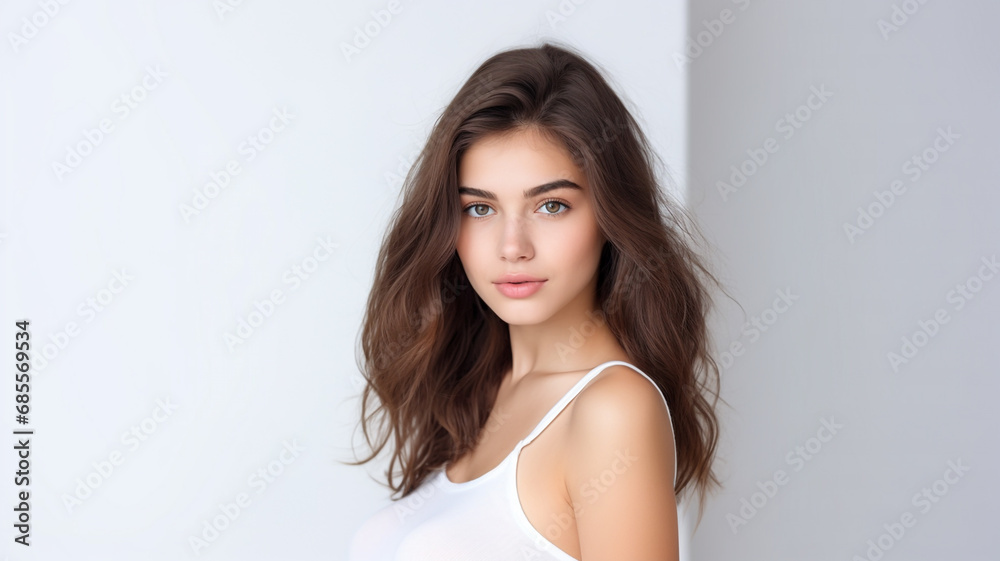 Beautiful young woman looks at camera on white background Beautiful young woman looks at camera on white background