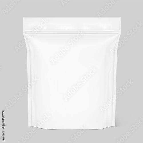Realistic stand up pouch bag with ziplock mockup. Vector illustration isolated on grey background. Ready for your design. It can be used in the adv, promo, package, etc.